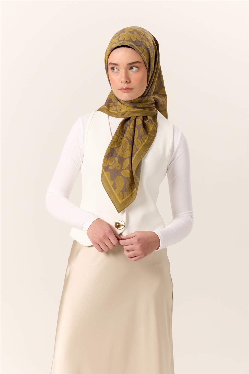 Viskon Karışımlı Velora Eşarp Yeşil-Gri-Yağ Yeşili Desenli İnce Dokulu Dökümlü 90x90