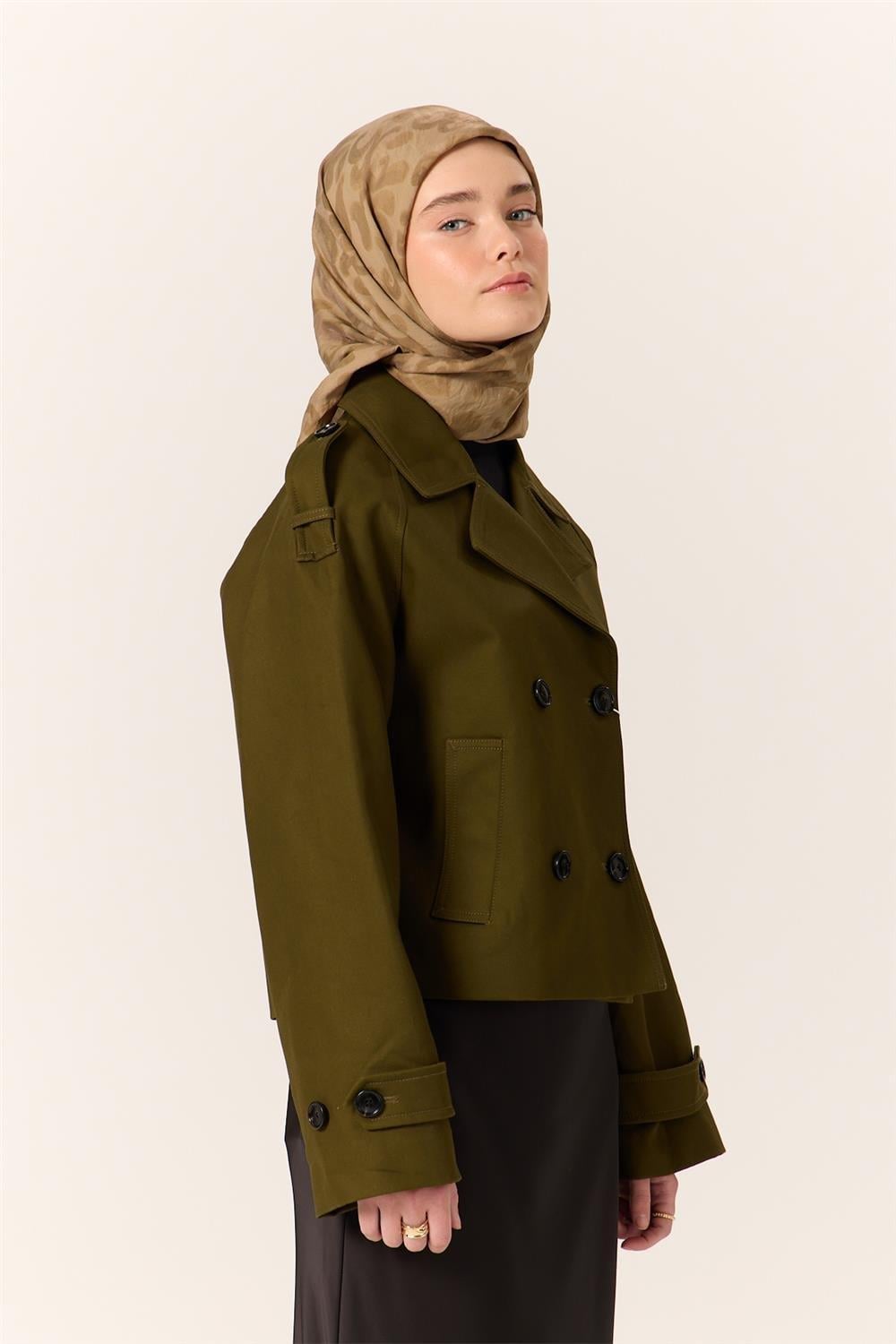 Viskon Karışımlı Velora Eşarp Haki-Vizon Desenli İnce Dokulu Dökümlü 90x90