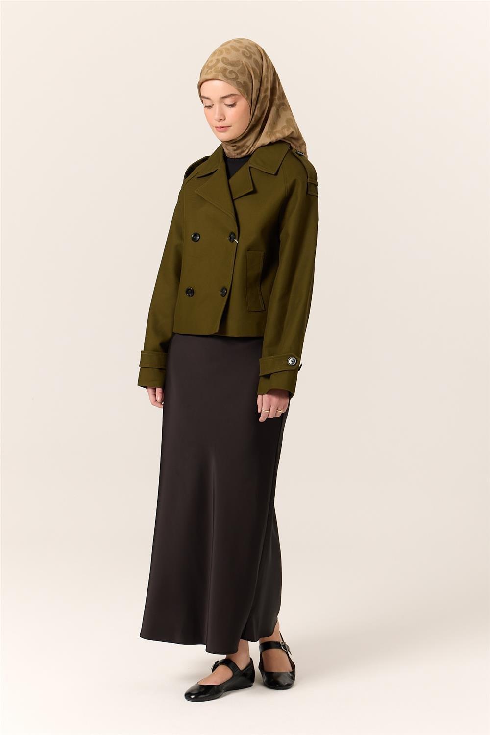 Viskon Karışımlı Velora Eşarp Haki-Vizon Desenli İnce Dokulu Dökümlü 90x90