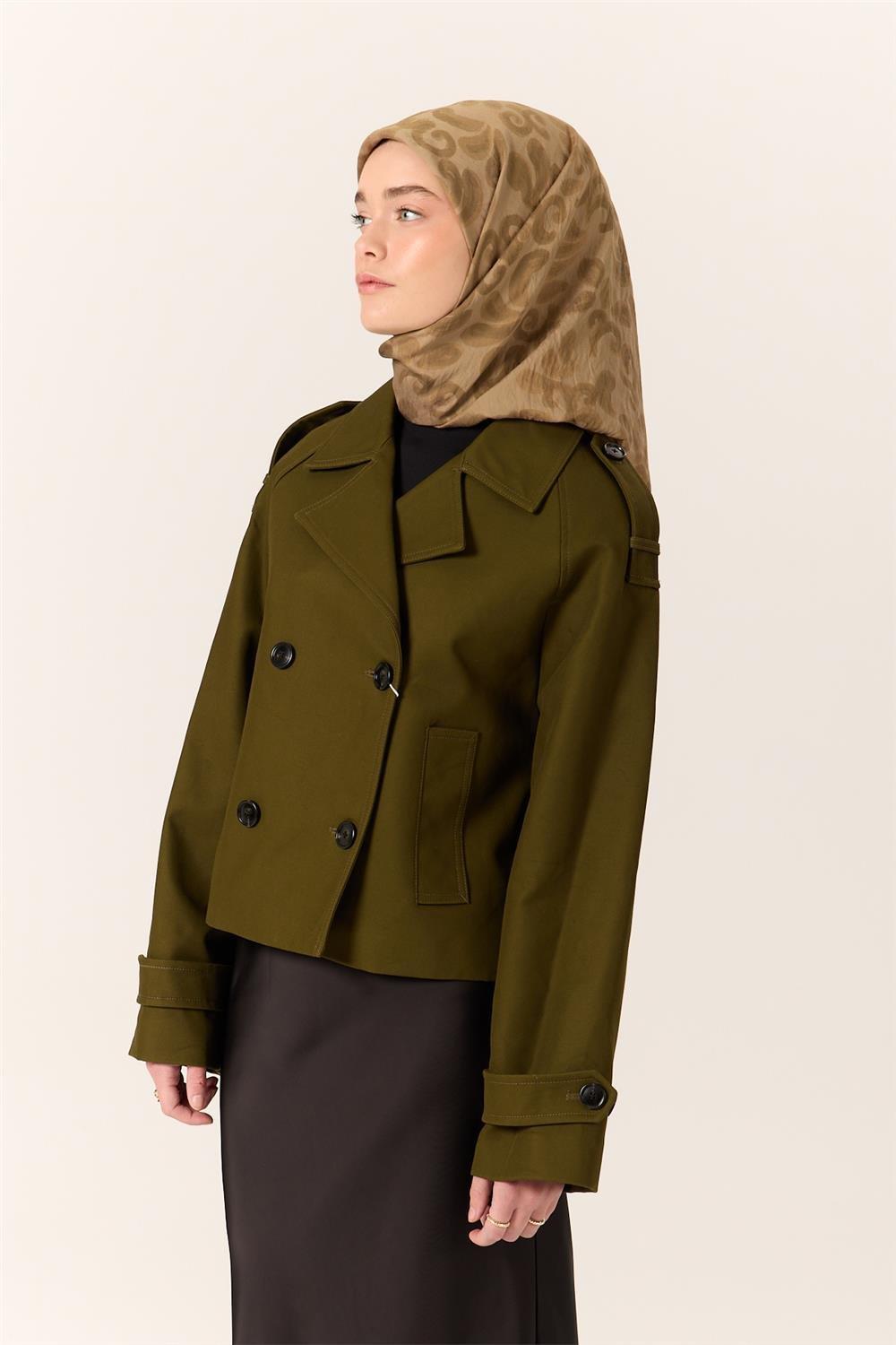 Viskon Karışımlı Velora Eşarp Haki-Vizon Desenli İnce Dokulu Dökümlü 90x90