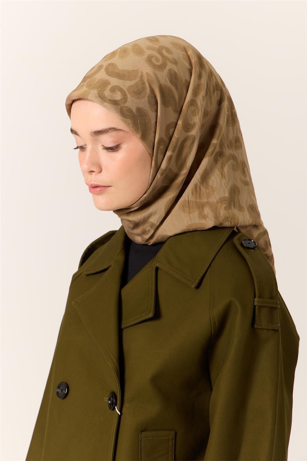 Viskon Karışımlı Velora Eşarp Haki-Vizon Desenli İnce Dokulu Dökümlü 90x90