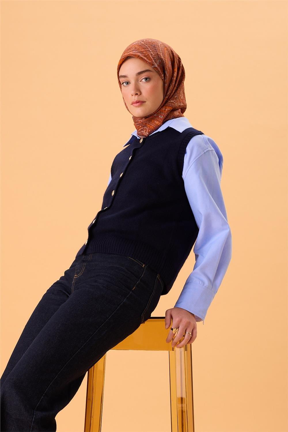 Viskon Karışımlı Velora Eşarp Turuncu-Krem Kiremit Bebe Mavi Desenli Tok Duruşlu 90x90