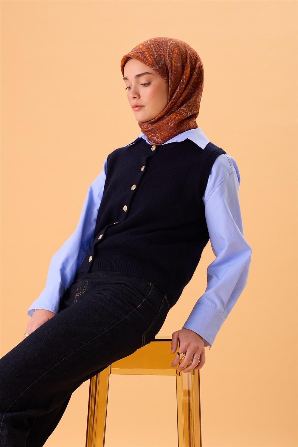 Viskon Karışımlı Velora Eşarp Turuncu-Krem Kiremit Bebe Mavi Desenli Tok Duruşlu 90x90