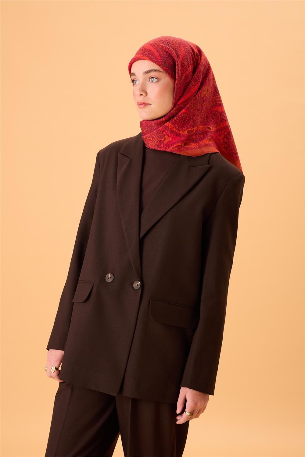 Viskon Karışımlı Velora Eşarp Alev-Fuşya Narçiçeği Taba Desenli Tok Duruşlu 90x90