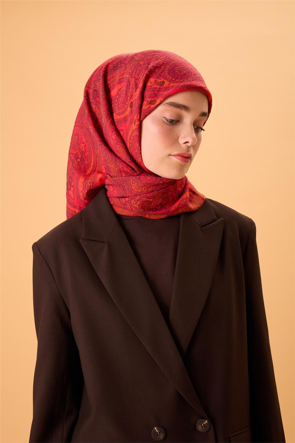 Viskon Karışımlı Velora Eşarp Alev-Fuşya Narçiçeği Taba Desenli Tok Duruşlu 90x90