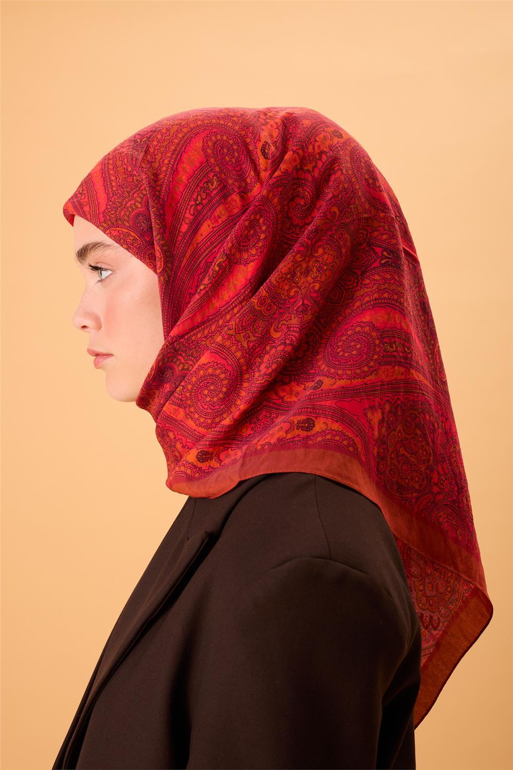 Viskon Karışımlı Velora Eşarp Alev-Fuşya Narçiçeği Taba Desenli Tok Duruşlu 90x90