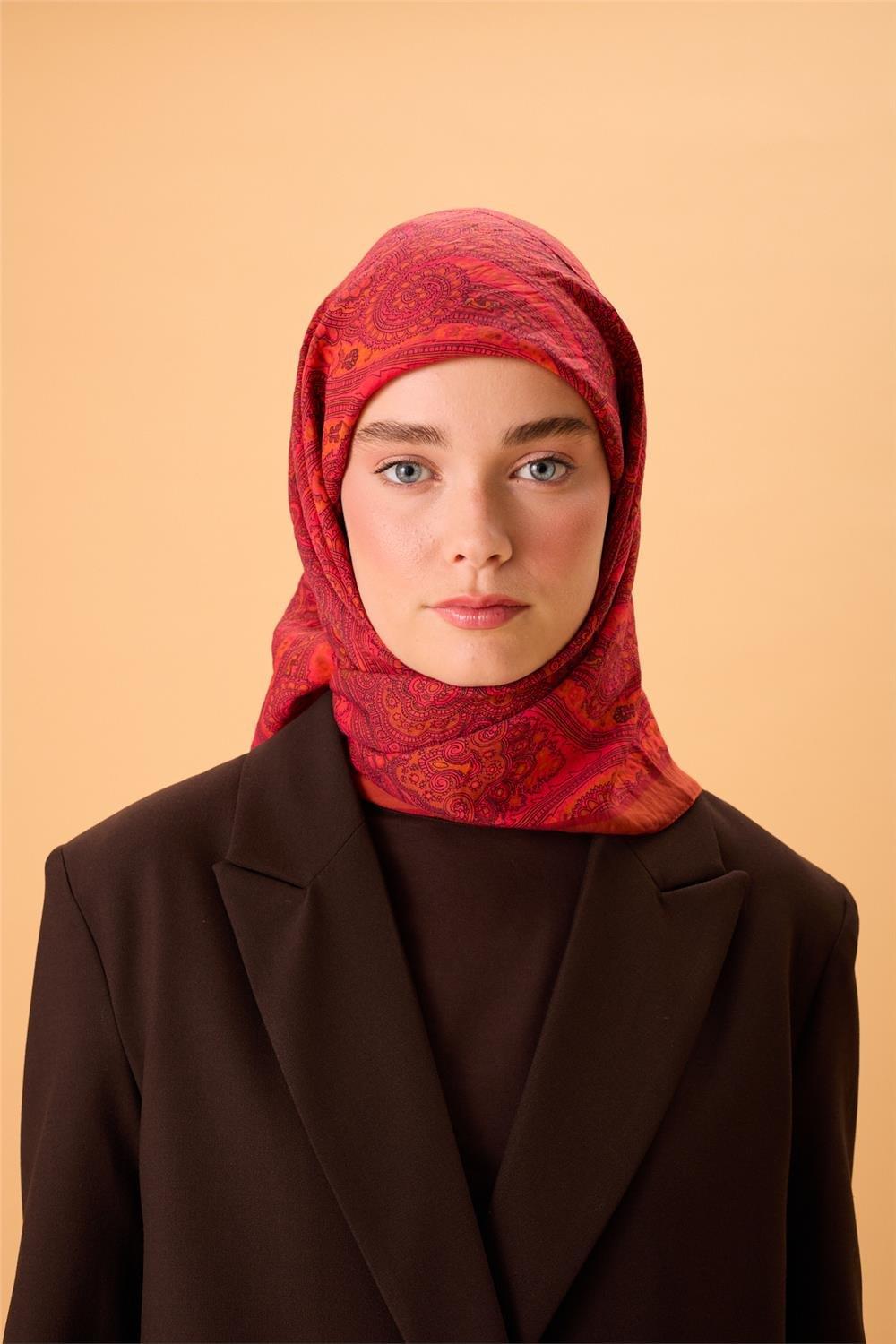 Viskon Karışımlı Velora Eşarp Alev-Fuşya Narçiçeği Taba Desenli Tok Duruşlu 90x90