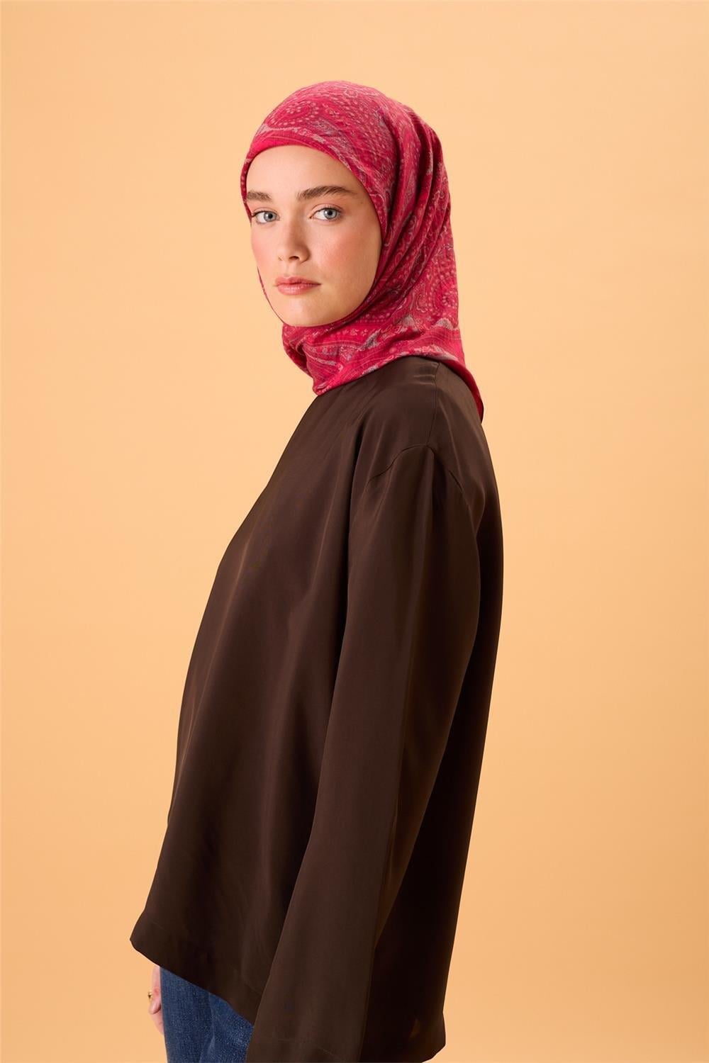 Viskon Karışımlı Velora Eşarp Fuşya-Metalik Gri Pembe Desenli Tok Duruşlu 90x90