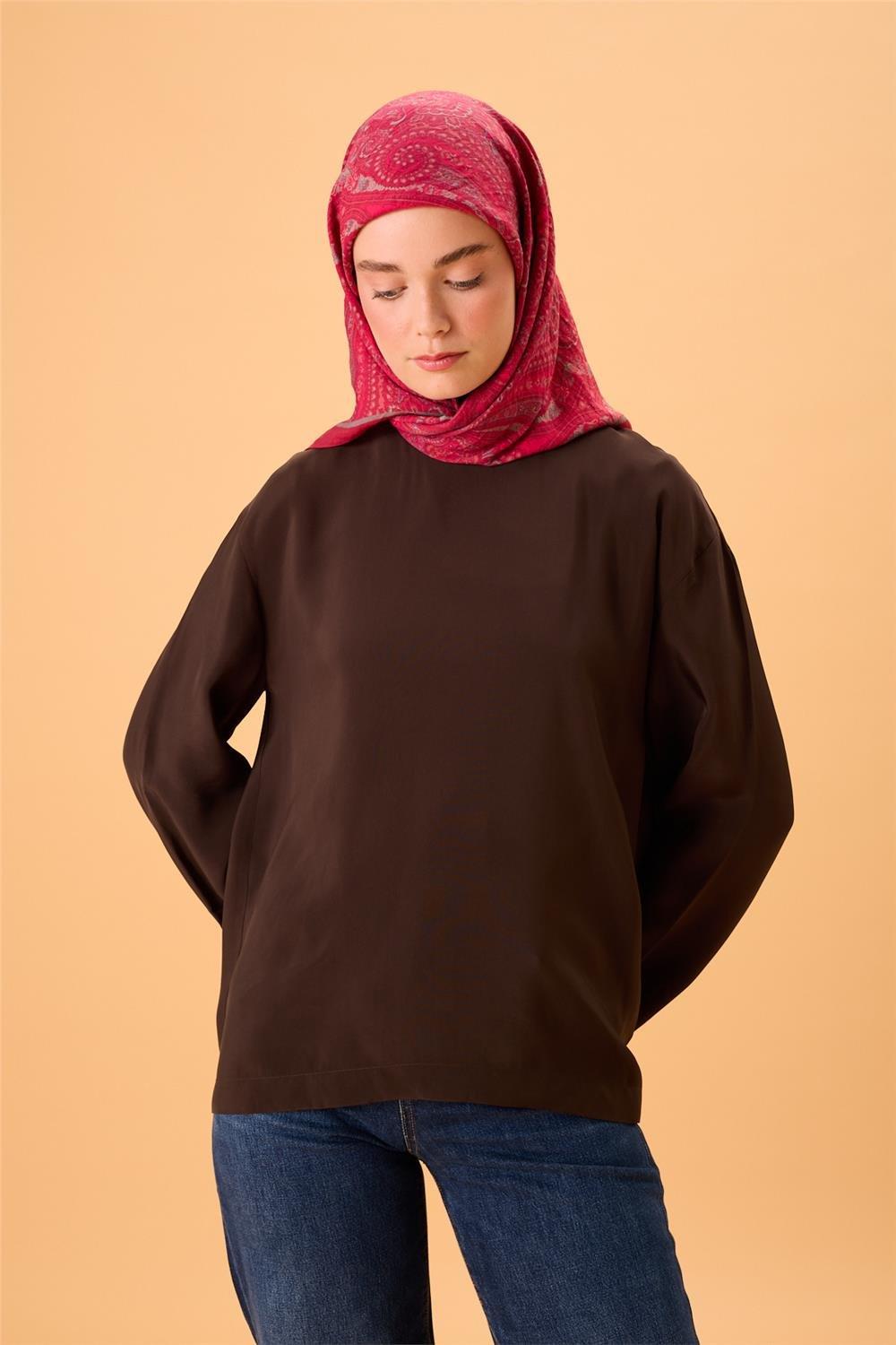 Viskon Karışımlı Velora Eşarp Fuşya-Metalik Gri Pembe Desenli Tok Duruşlu 90x90