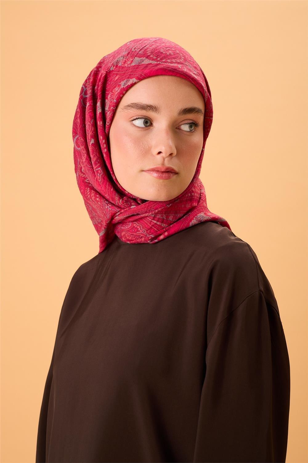 Viskon Karışımlı Velora Eşarp Fuşya-Metalik Gri Pembe Desenli Tok Duruşlu 90x90