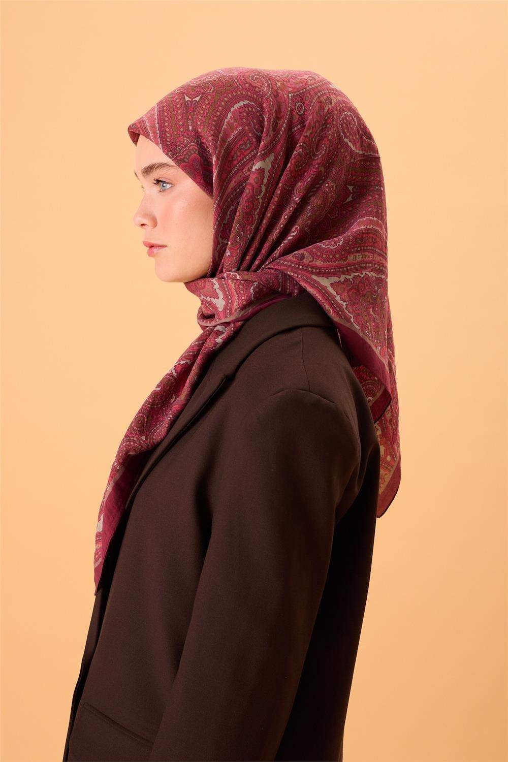 Viskon Karışımlı Velora Eşarp Mürdüm-Vizon Yeşil Gümüş Pembe Desenli Tok Duruşlu 90x90