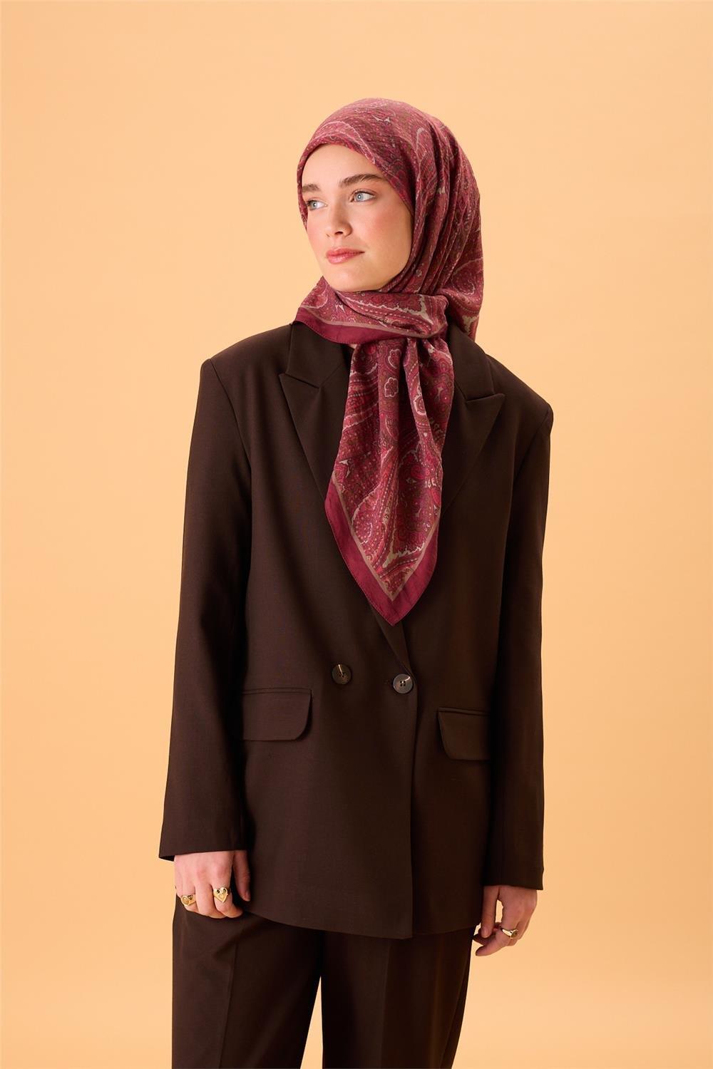 Viskon Karışımlı Velora Eşarp Mürdüm-Vizon Yeşil Gümüş Pembe Desenli Tok Duruşlu 90x90