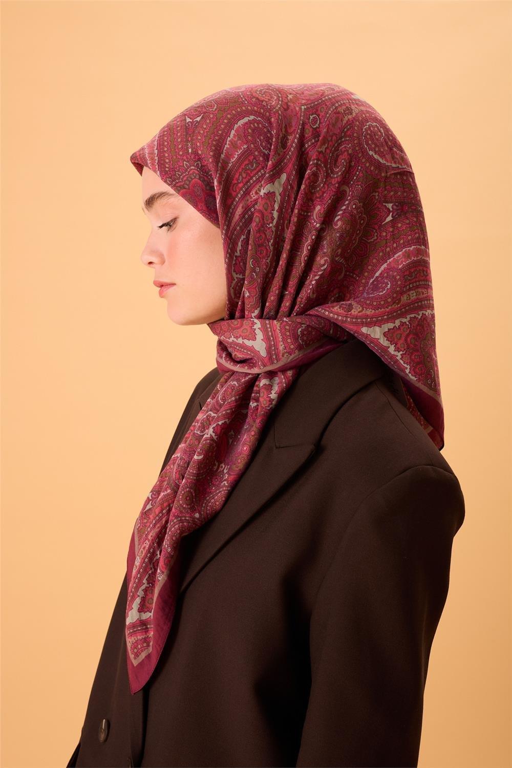 Viskon Karışımlı Velora Eşarp Mürdüm-Vizon Yeşil Gümüş Pembe Desenli Tok Duruşlu 90x90