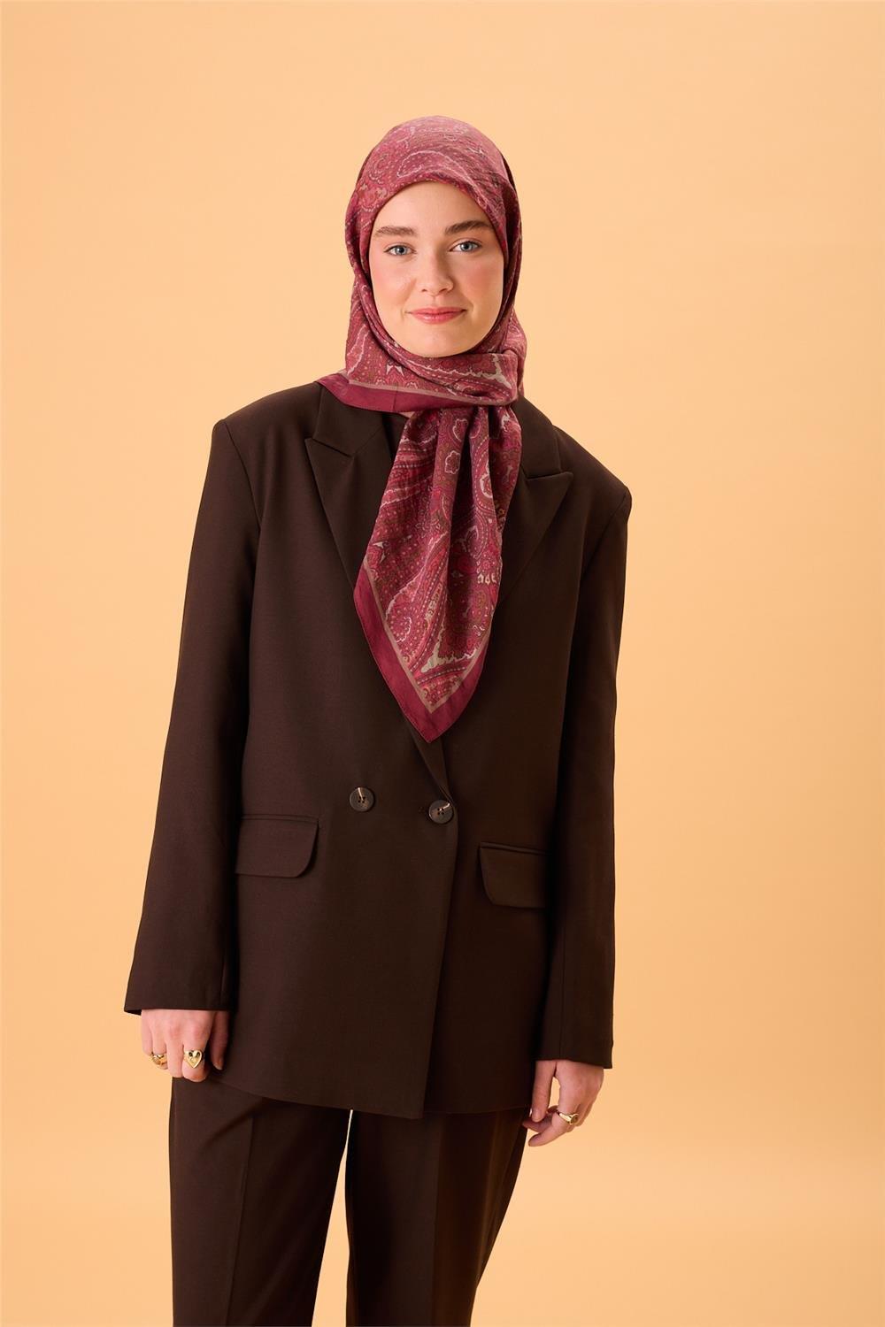 Viskon Karışımlı Velora Eşarp Mürdüm-Vizon Yeşil Gümüş Pembe Desenli Tok Duruşlu 90x90