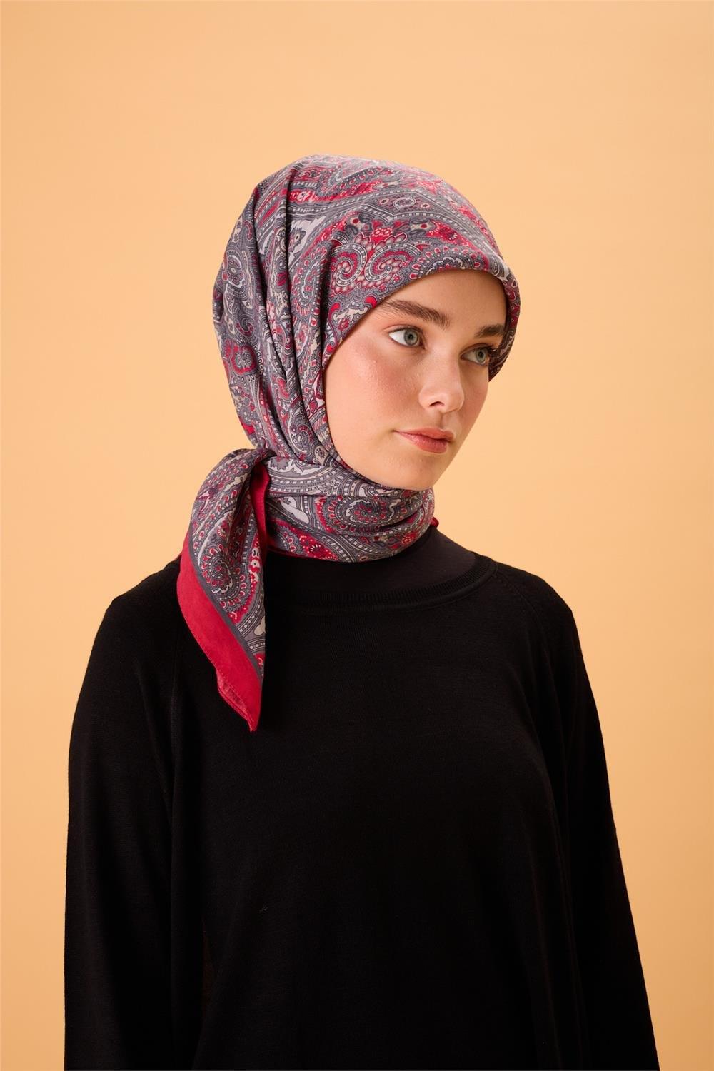 Viskon Karışımlı Velora Eşarp Narçiçeği-Koyu Gri Gümüş Krem Desenli Tok Duruşlu 90x90