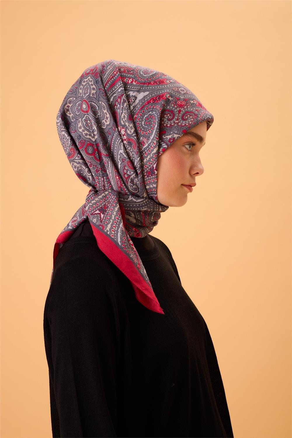 Viskon Karışımlı Velora Eşarp Narçiçeği-Koyu Gri Gümüş Krem Desenli Tok Duruşlu 90x90