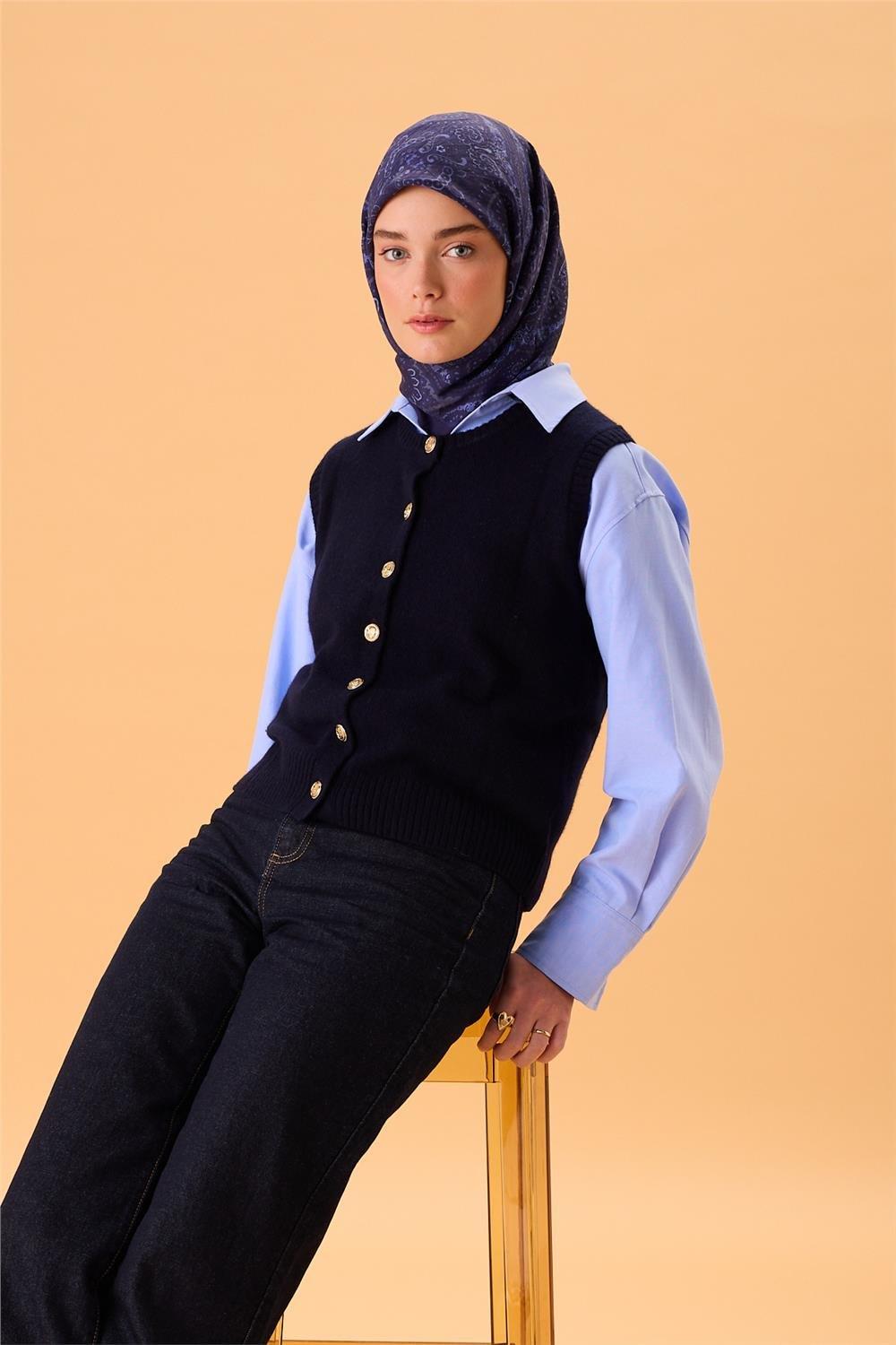 Viskon Karışımlı Velora Eşarp Lacivert-Morcivert Lila Bebe Mavi Desenli Tok Duruşlu 90x90