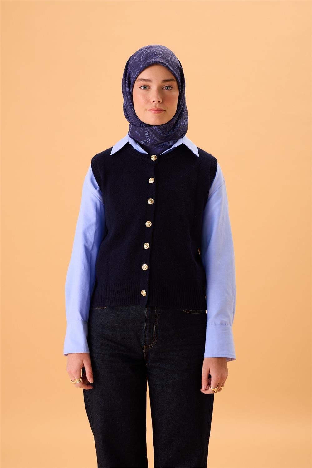 Viskon Karışımlı Velora Eşarp Lacivert-Morcivert Lila Bebe Mavi Desenli Tok Duruşlu 90x90