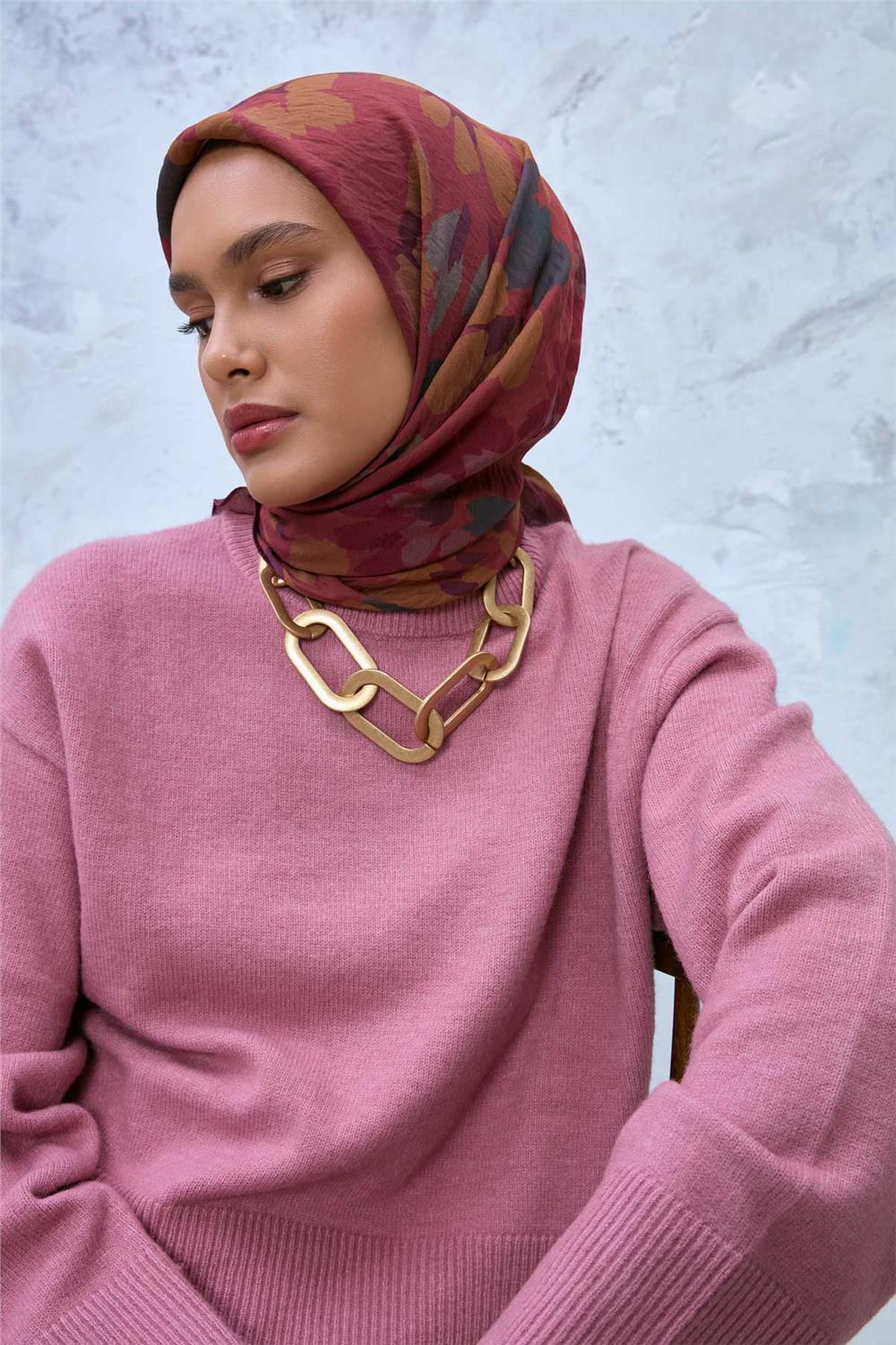 Viskon Velora Eşarp Bordo Kahve-Rose-Petrol Yeşili Desenli Kaymaz Dokulu Tok Duruşlu 90x90