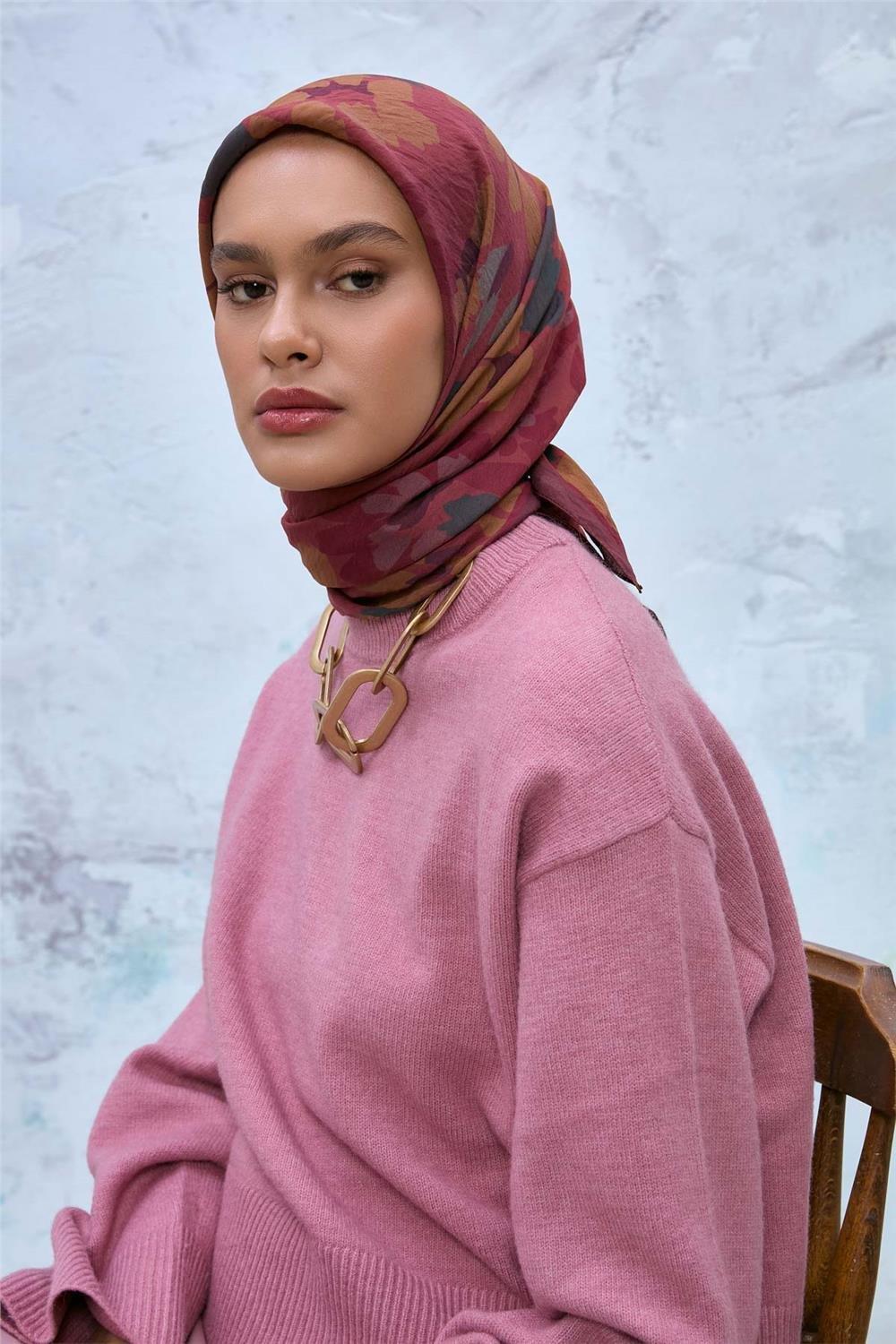 Viskon Velora Eşarp Bordo Kahve-Rose-Petrol Yeşili Desenli Kaymaz Dokulu Tok Duruşlu 90x90