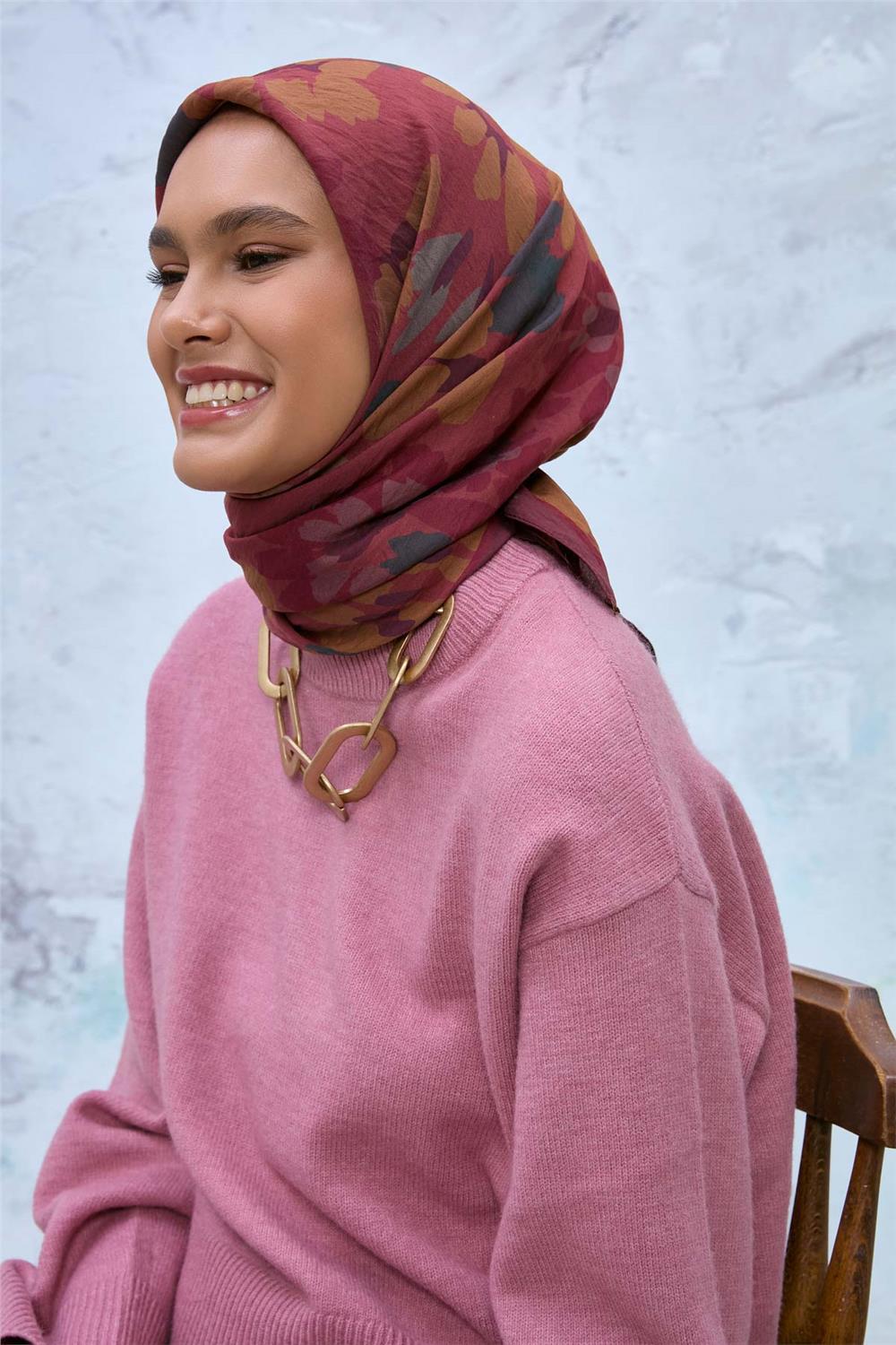 Viskon Velora Eşarp Bordo Kahve-Rose-Petrol Yeşili Desenli Kaymaz Dokulu Tok Duruşlu 90x90