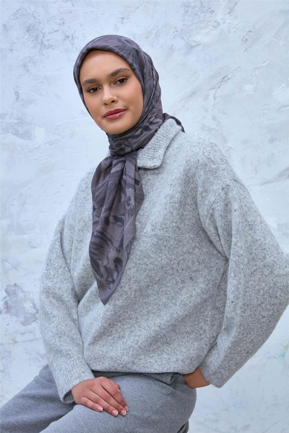 Viskon Velora Eşarp Gri-Füme-Antrasit Desenli Kaymaz Dokulu Tok Duruşlu 90x90