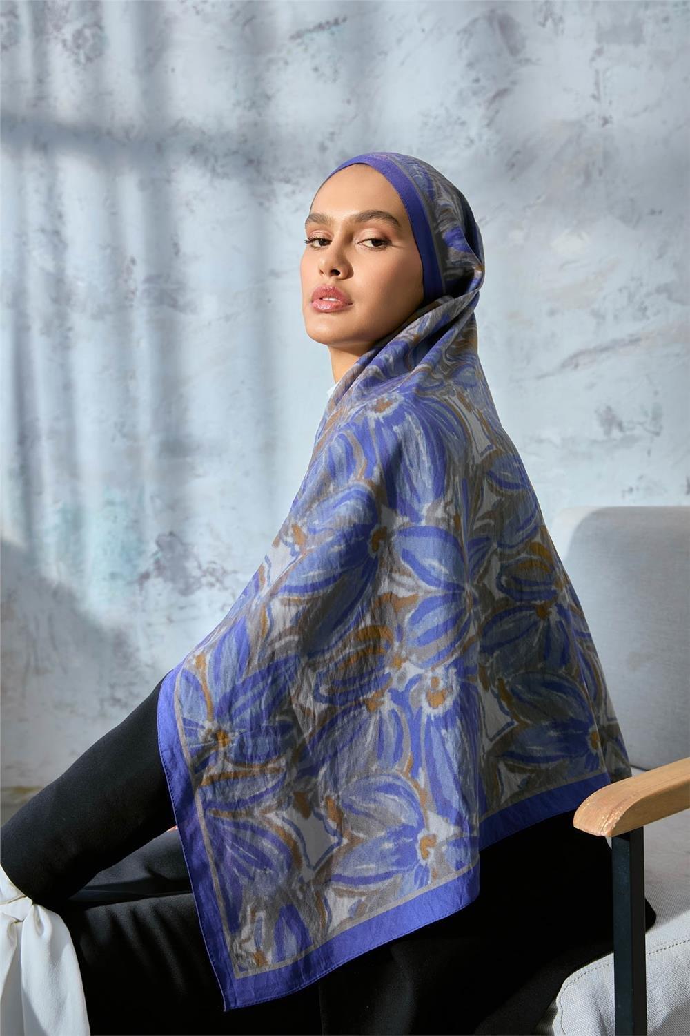 Viskon Velora Eşarp Mor-Yeşil Bej Desenli Kaymaz Tok Duruşlu 90x90