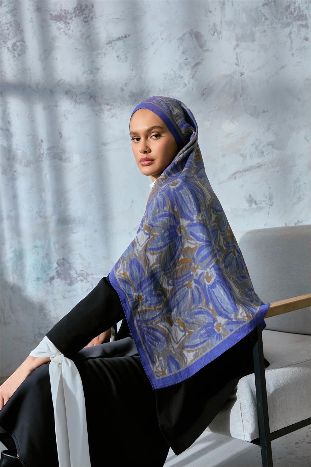 Viskon Velora Eşarp Mor-Yeşil Bej Desenli Kaymaz Tok Duruşlu 90x90