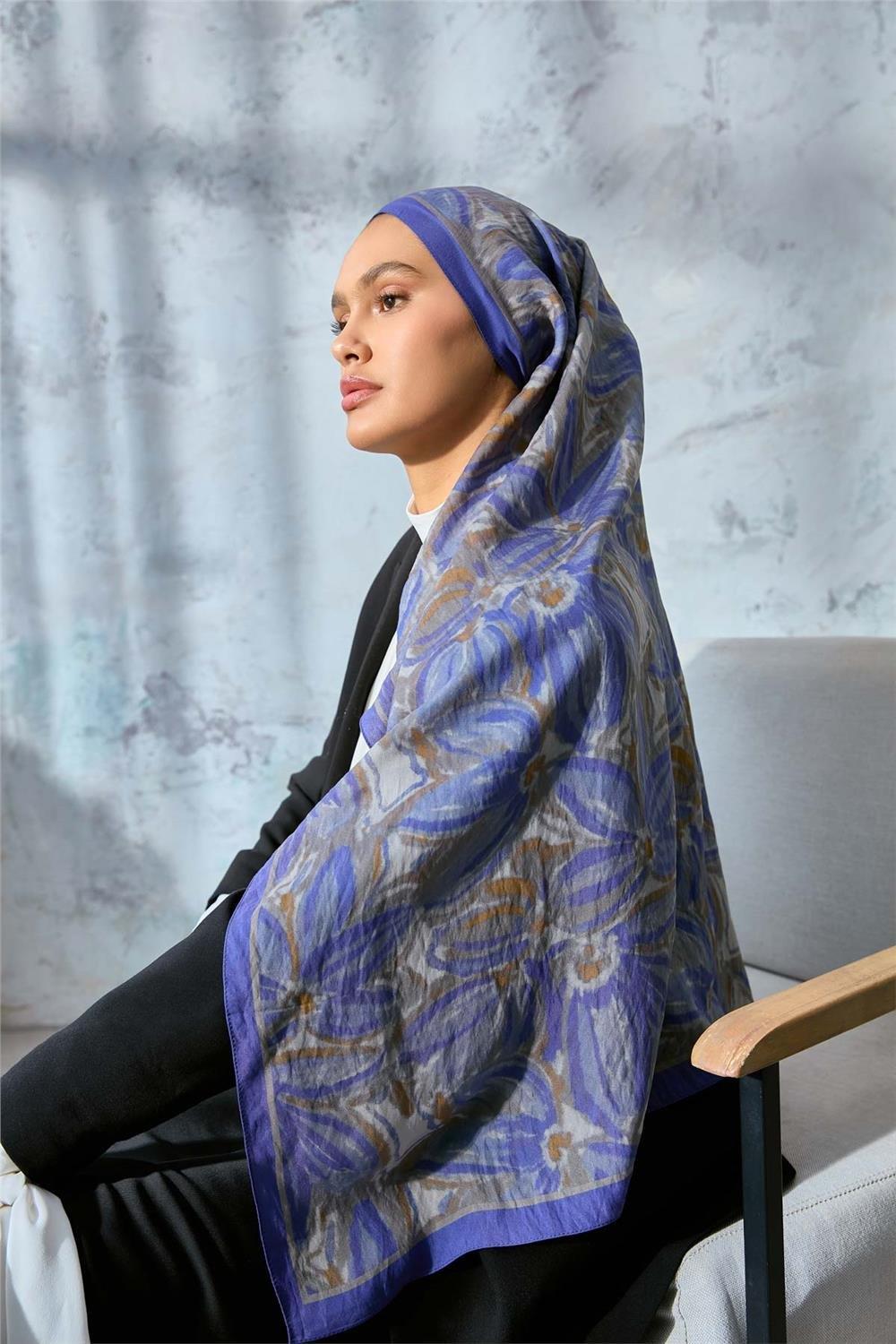 Viskon Velora Eşarp Mor-Yeşil Bej Desenli Kaymaz Tok Duruşlu 90x90