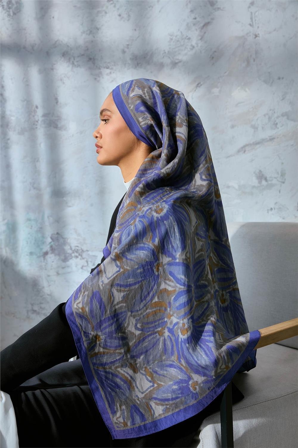 Viskon Velora Eşarp Mor-Yeşil Bej Desenli Kaymaz Tok Duruşlu 90x90