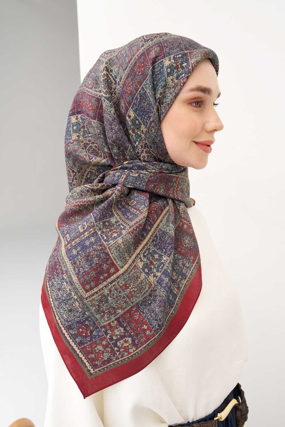 Velora Eşarp Etnik Desen Bordo 90x90