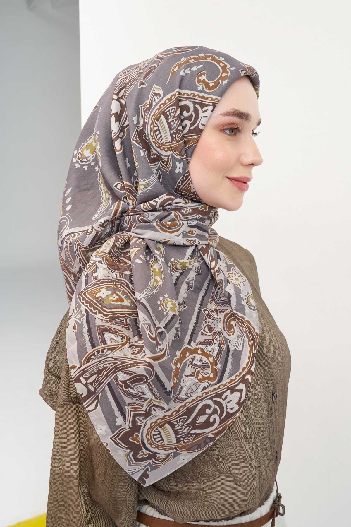 Velora Eşarp Şal Desen Koyu Gri 90x90