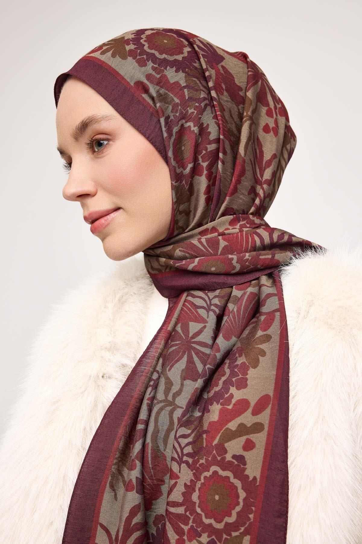 Viskon Karışımlı Mayda Şal Vişne Çürüğü-Antrasit Desenli Tok Duruşlu 190x70