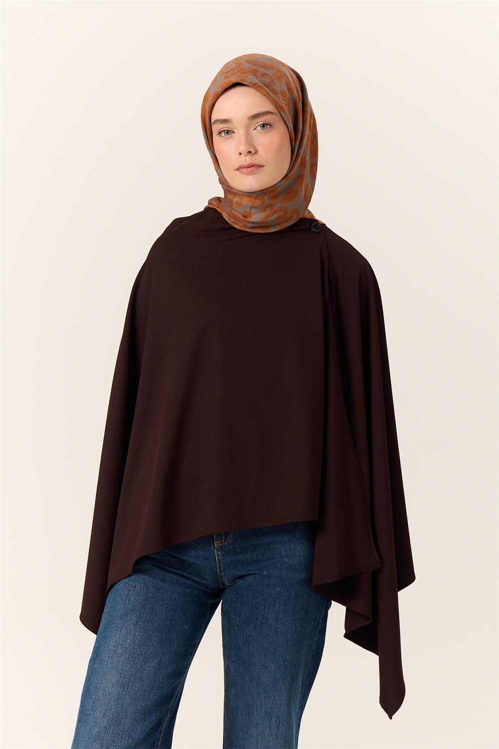 Viskon Karışımlı Velora Eşarp Koyu Gri-Kiremit-Turuncu Desenli İnce Dokulu Dökümlü 90X90