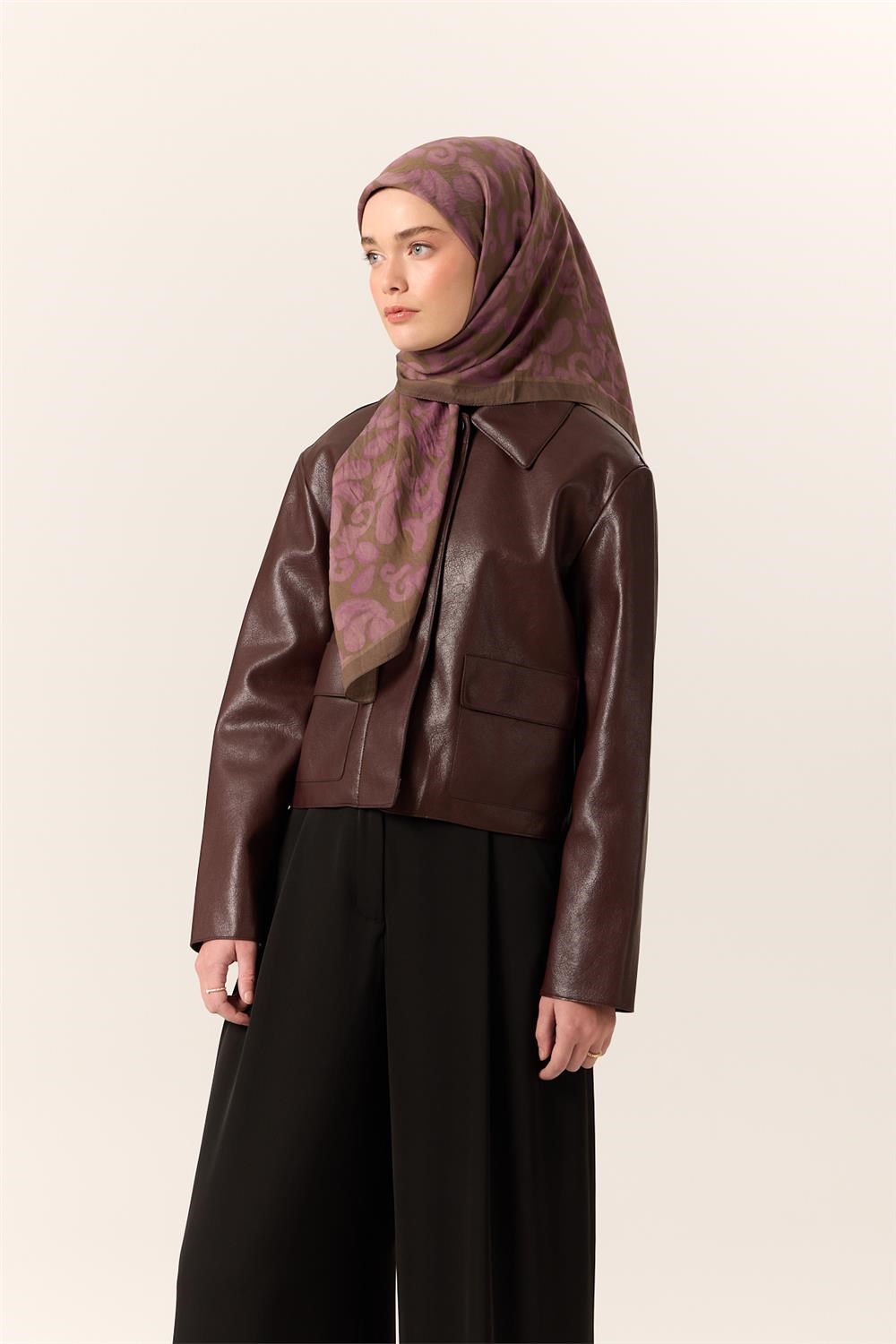 Viskon Karışımlı Velora Eşarp Olive-Eflatun Desenli Yumuşak Dokulu Tok Duruşlu 90X90