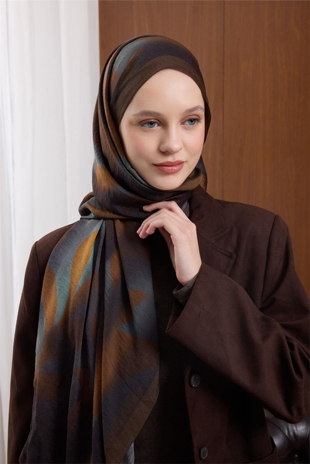 Viskon Mayda Şal Acı Kahve-Taba Dalga Desenli Tok Duruşlu 190X70