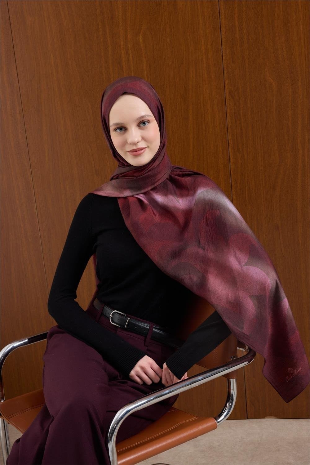 Viskon Mayda Şal Bordo-Pembe Dalga Desenli Tok Duruşlu 190X70