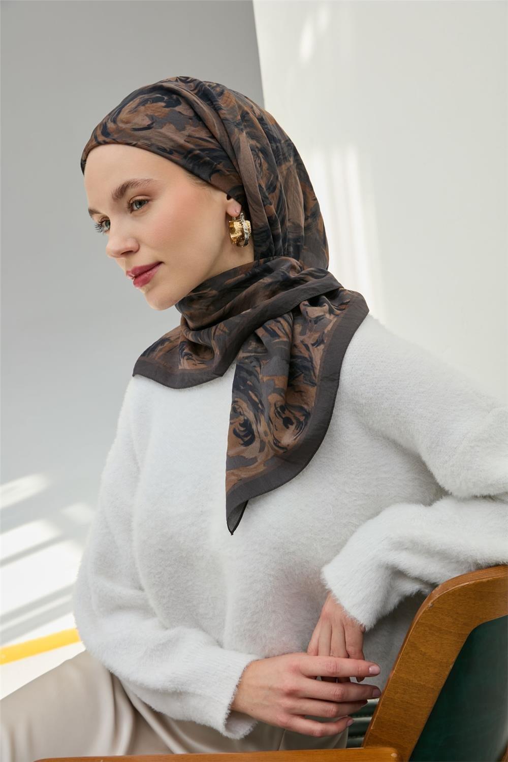 Viskon Velora Eşarp Antrasit Füme Desenli Yumuşak Dokulu Tok Duruşlu 90x90