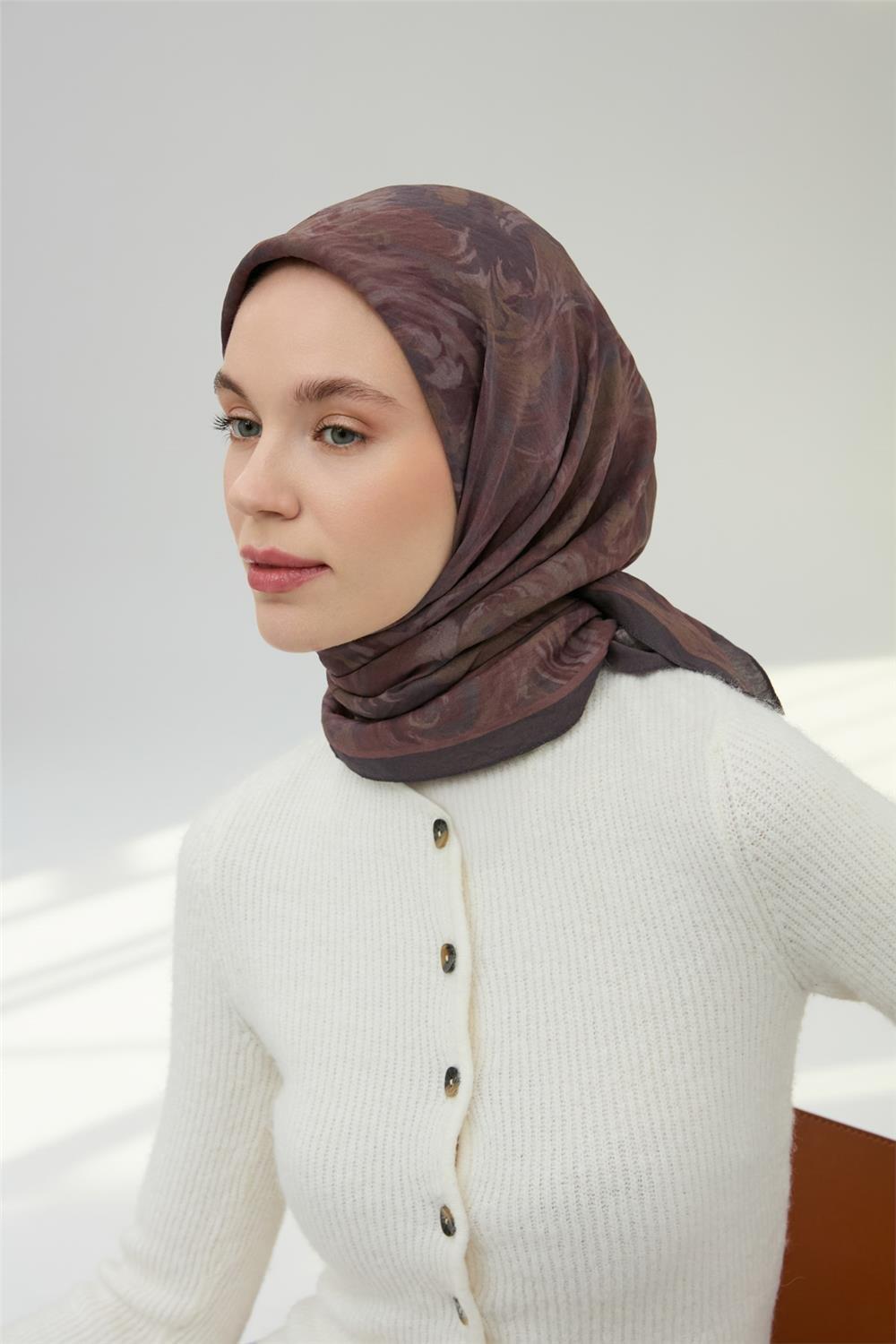 Viskon Velora Eşarp Antrasit Soluk Bordo Desenli Yumuşak Dokulu Tok Duruşlu 90x90