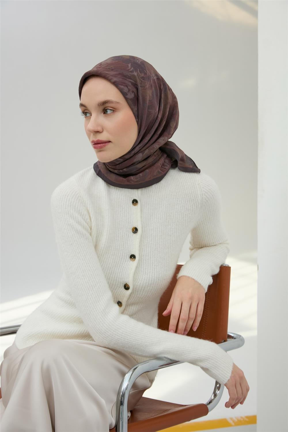 Viskon Velora Eşarp Antrasit Soluk Bordo Desenli Yumuşak Dokulu Tok Duruşlu 90x90