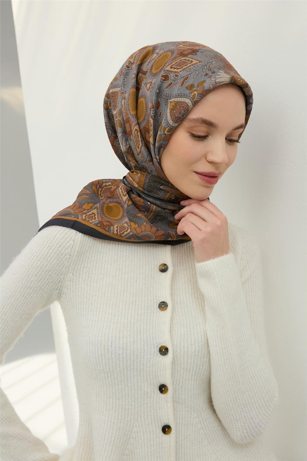 Viskon Velora Eşarp Antrasit-Hardal Desenli Kaymaz Tok Duruşlu 90x90