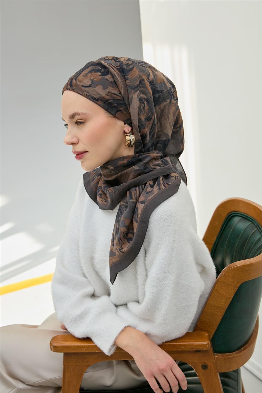 Viskon Velora Eşarp Antrasit Füme Desenli Yumuşak Dokulu Tok Duruşlu 90x90