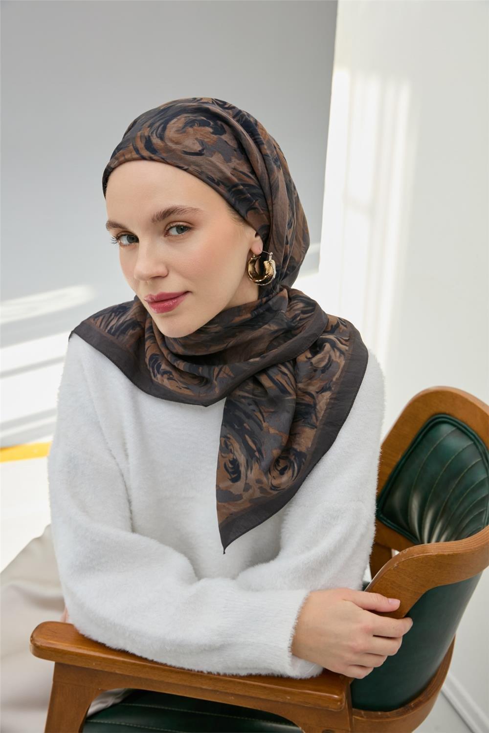 Viskon Velora Eşarp Antrasit Füme Desenli Yumuşak Dokulu Tok Duruşlu 90x90