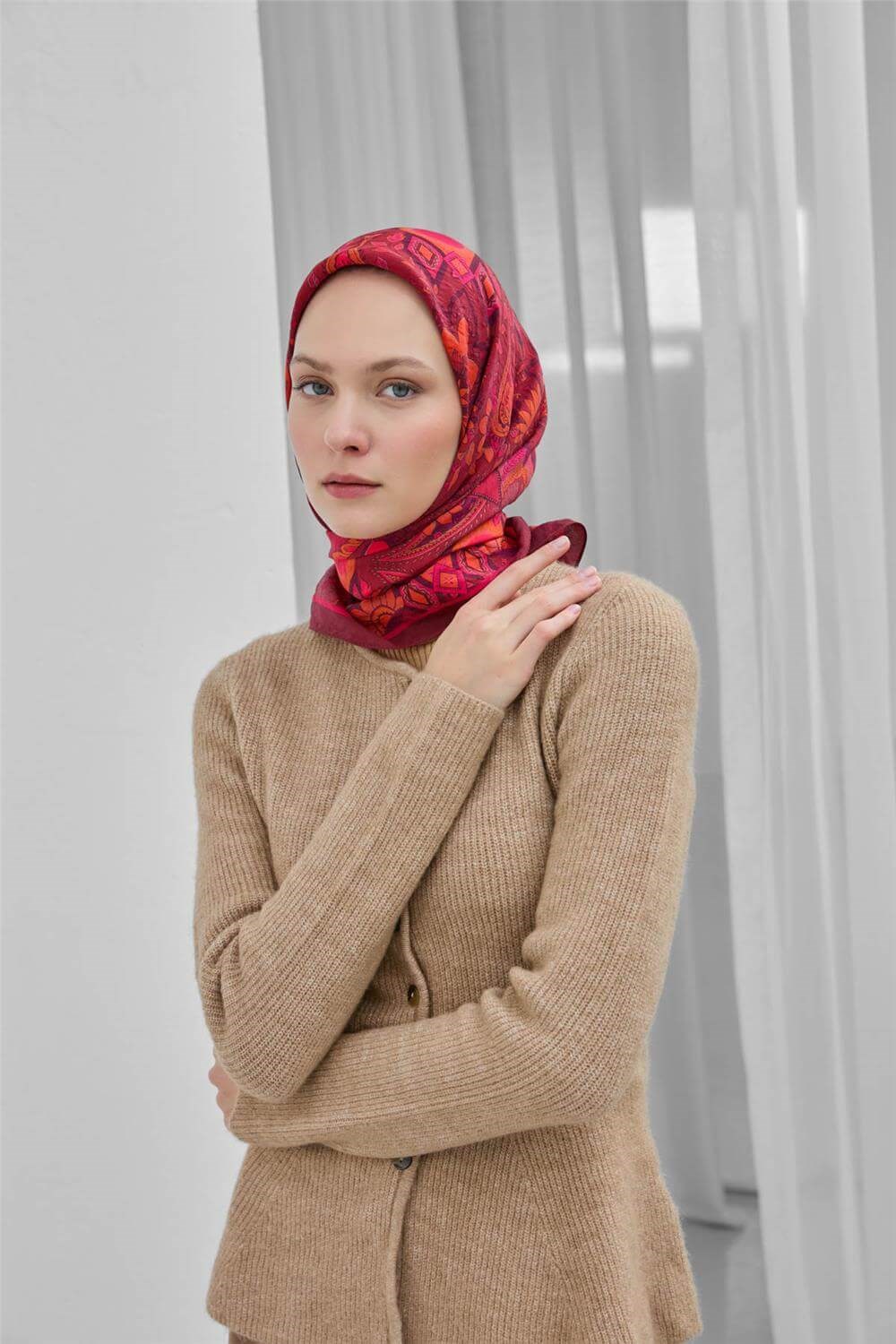 Viskon Velora Eşarp Bordo Desenli Tok Duruşlu Dört Mevsim 90X90