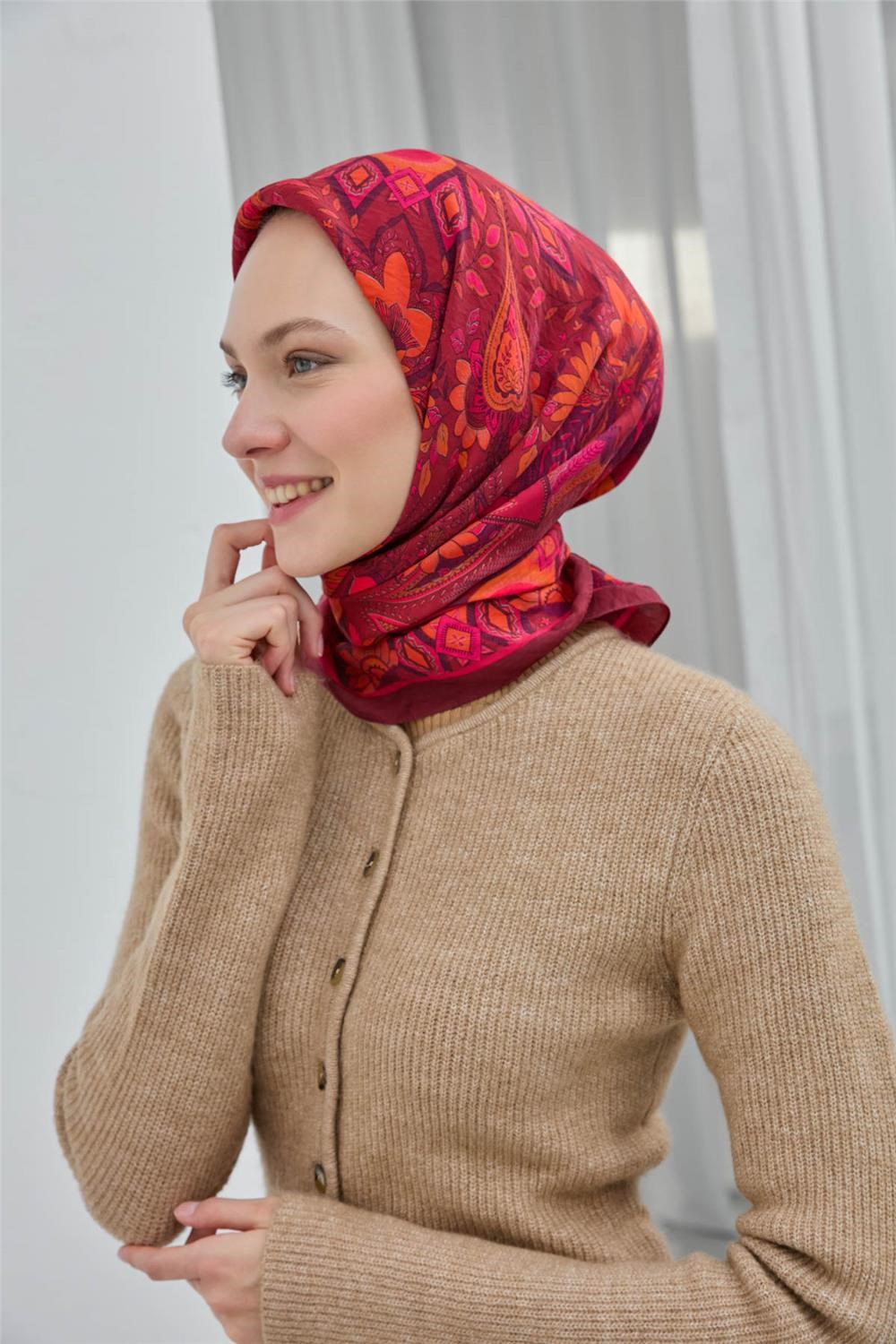 Viskon Velora Eşarp Bordo Desenli Tok Duruşlu Dört Mevsim 90X90