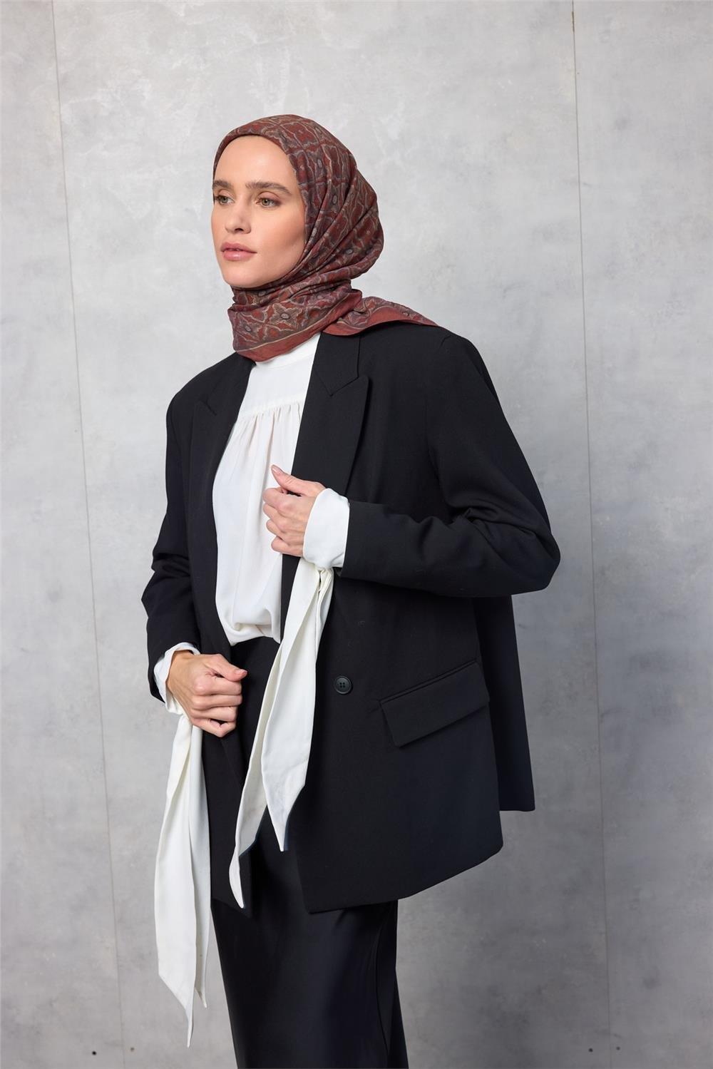 Viskon Velora Eşarp Yonca Desenli Kiremit Tonlu Tok Duruşlu 90x90