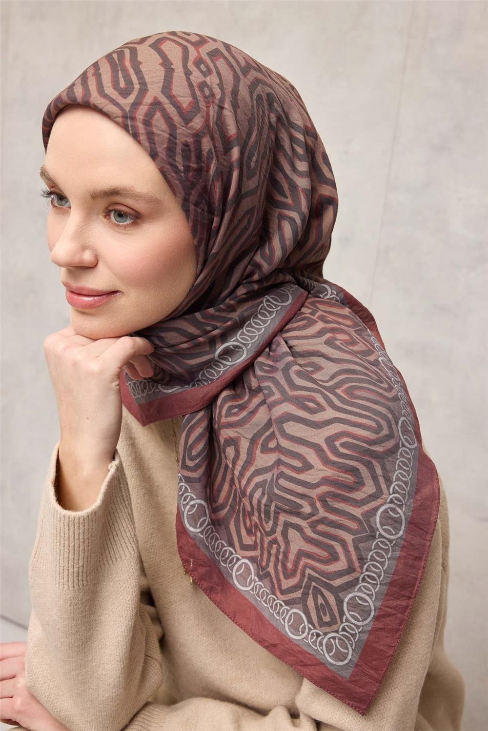 Viskon Velora Eşarp Dört Mevsim Zincir Desen Bej 90x90