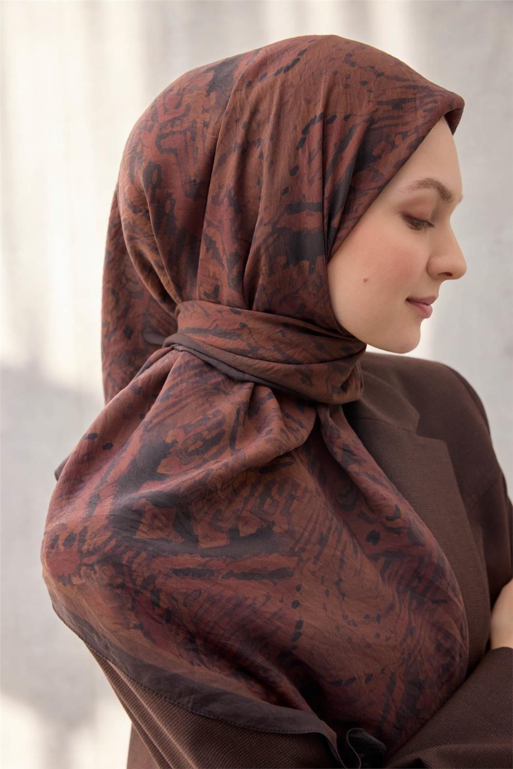 Viskon Velora Eşarp Dört Mevsim Karma Desen Acı Kahve 90x90