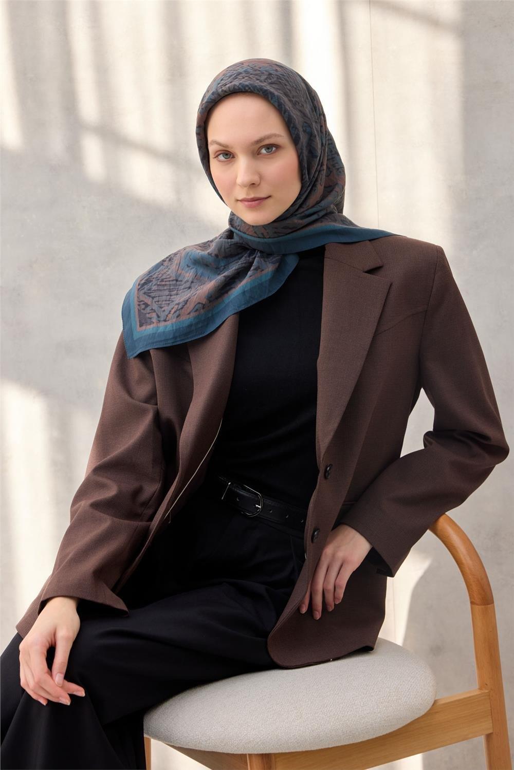 Viskon Velora Eşarp Dört Mevsim Karma Desen Indigo 90x90