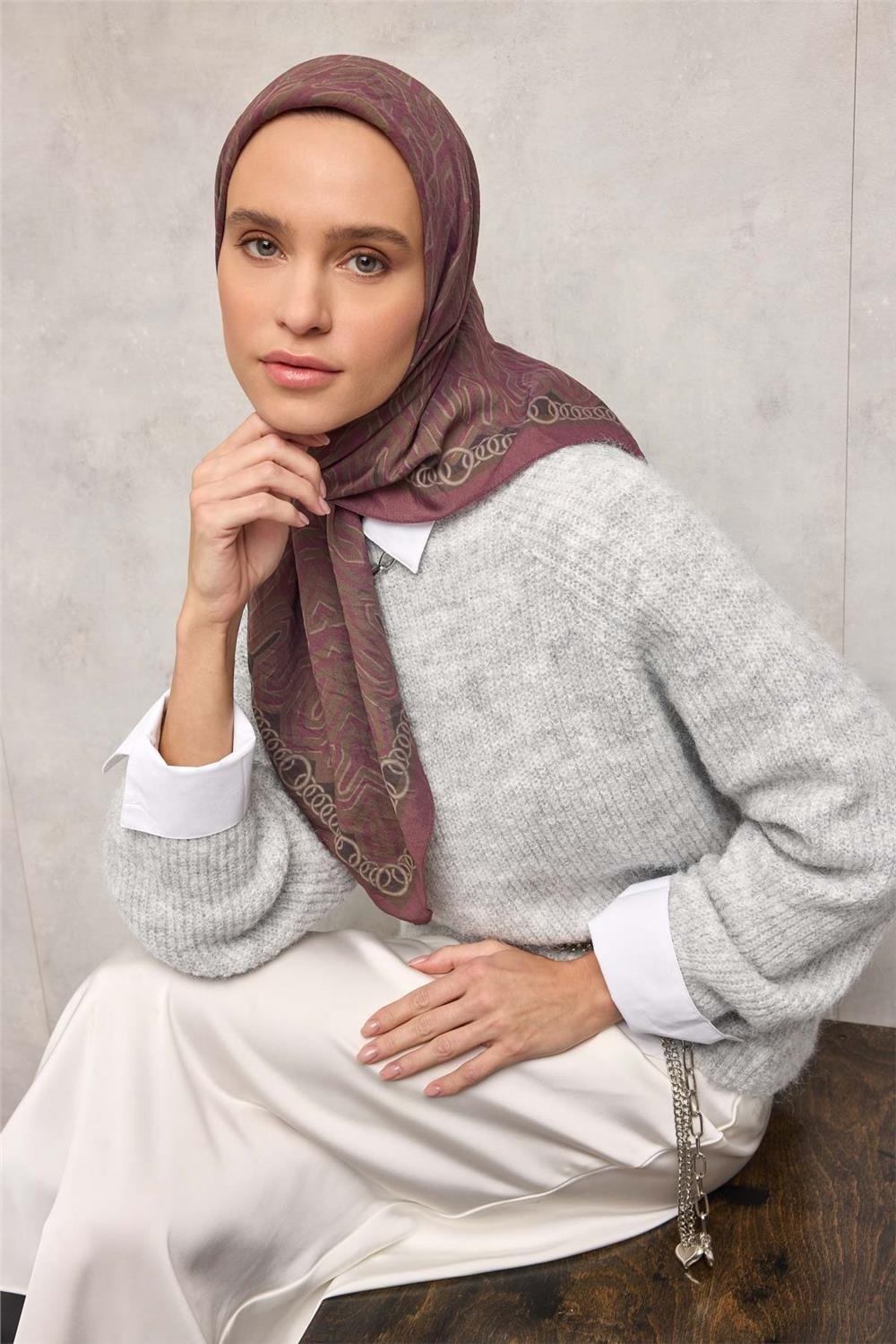 Viskon Velora Eşarp Dört Mevsim Zincir Desen Vişne 90x90